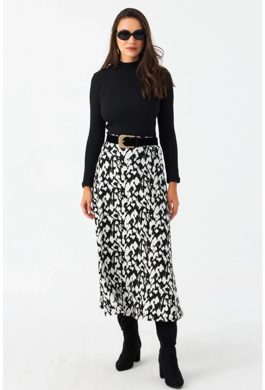 Kadın Ekru-Siyah Desenli Çan Etek MLON3007