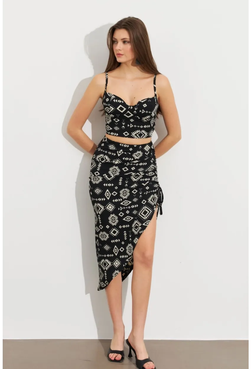 Kadın Ekru-Siyah Desenli Crop Etek Takım LİT108