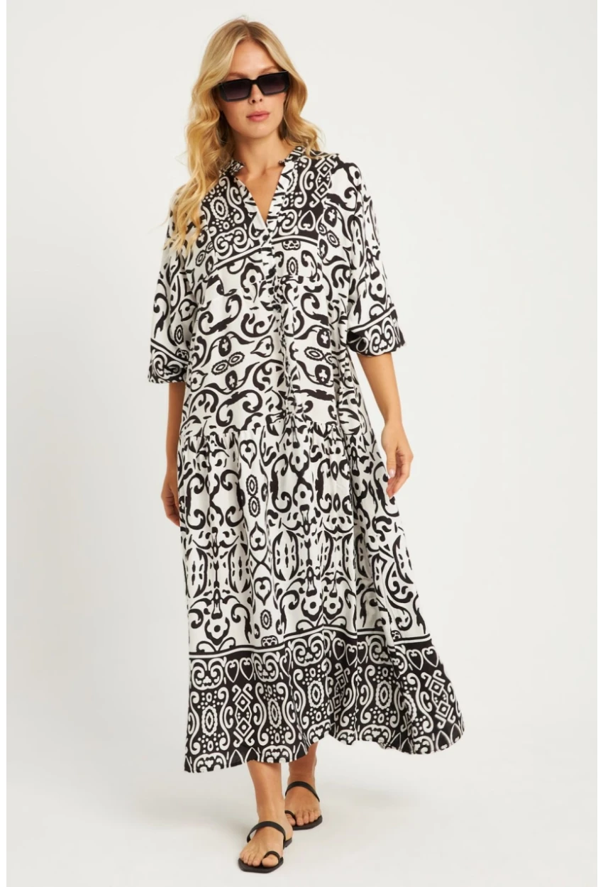 Kadın Ekru-Siyah Desenli Midi Elbise GÇ169