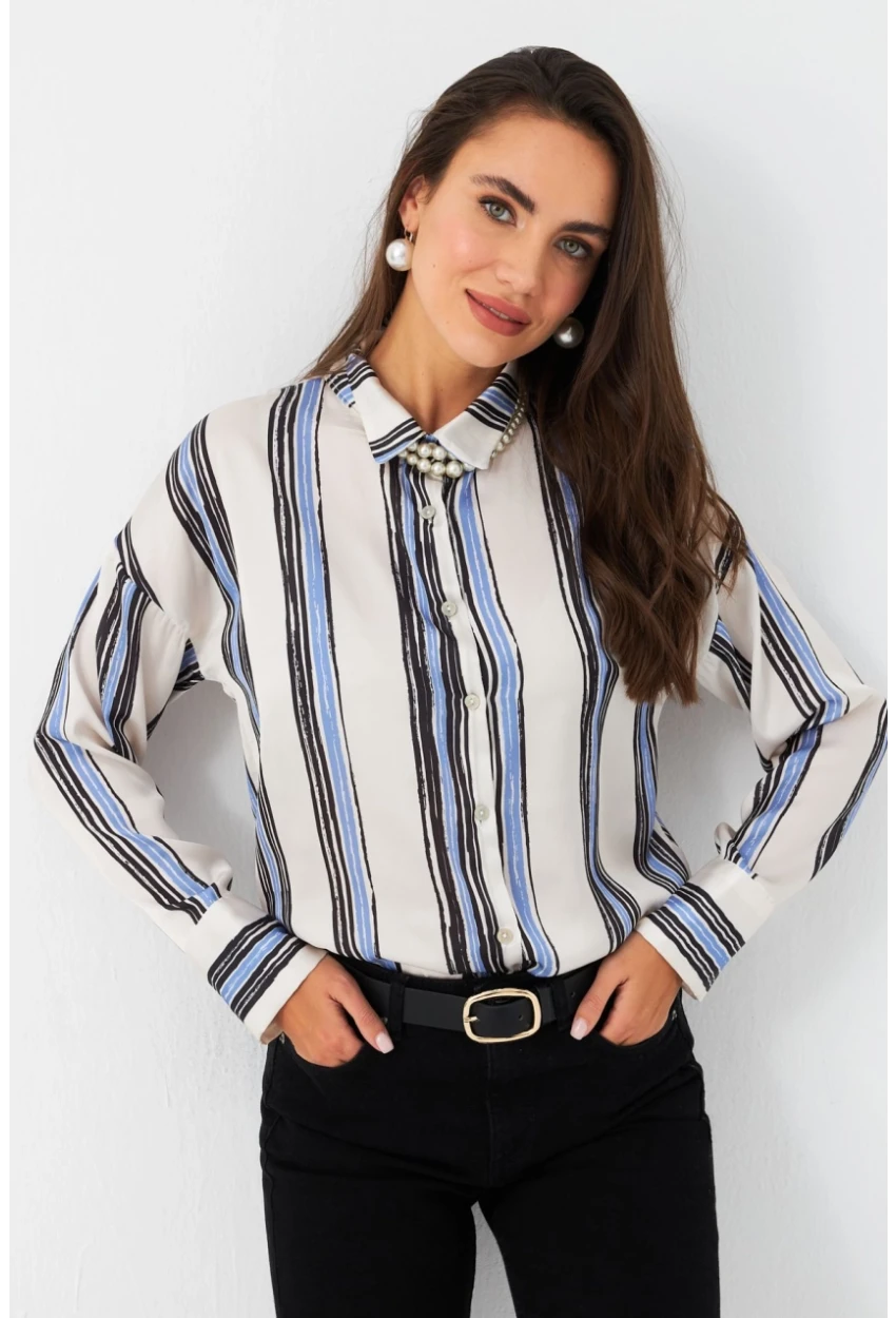 Kadın Ekru-Siyah Desenli Saten Gömlek MSHR500