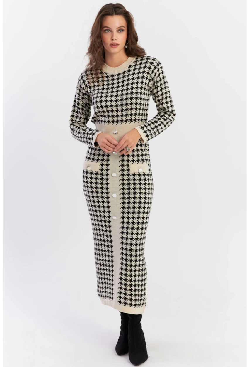 Kadın Ekru-Siyah Düğme Aksesuarlı Desenli Maxi Elbise NUV41