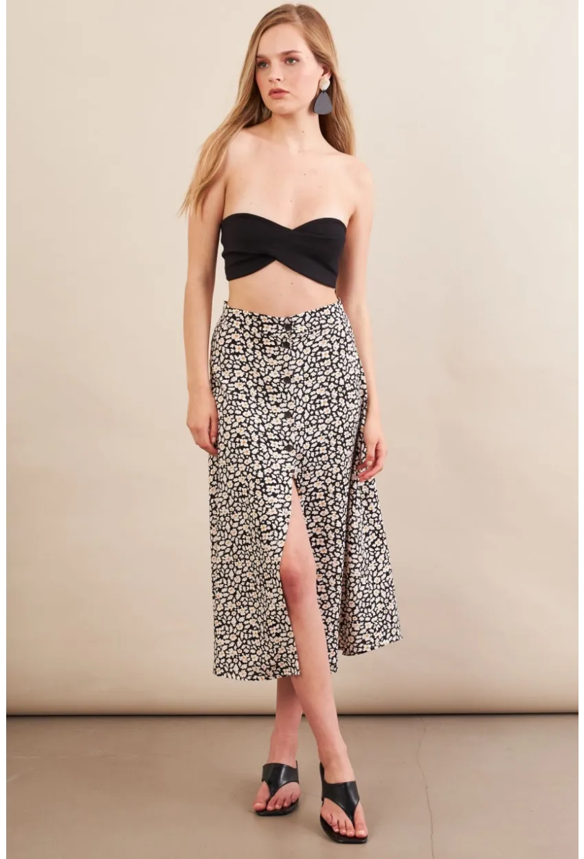 Kadın Ekru-Siyah Düğmeli Midi Etek SH60