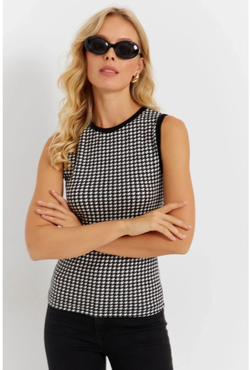 Kadın Ekru-Siyah Kazayağı Bluz EY2869