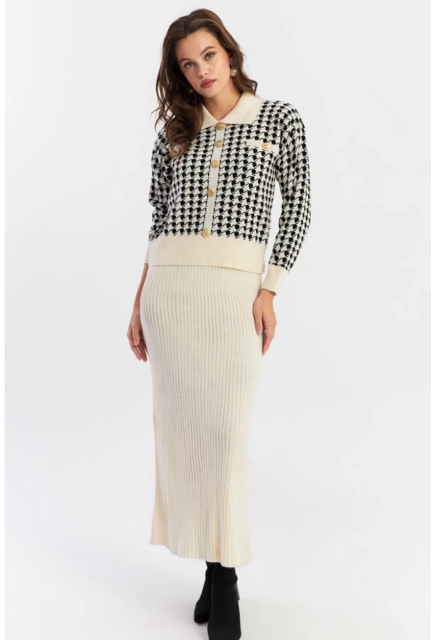 Kadın Ekru-Siyah Kazayağı Desenli Triko Takım NUV36