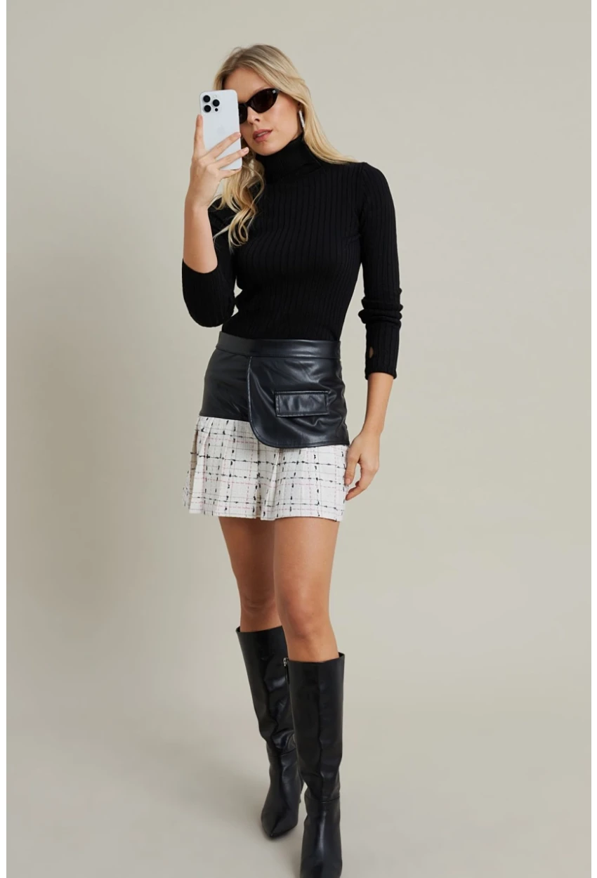 Kadın Ekru-Siyah Kazayağı Suni Deri Mini Etek NH93
