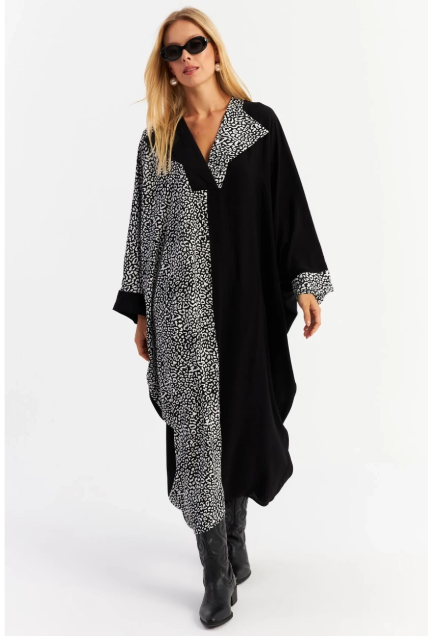 Kadın Ekru-Siyah Leopar Bloklu Maxi Elbise MALO15