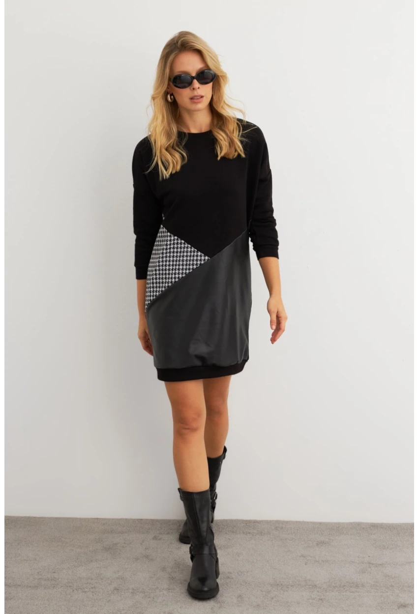 Kadın Ekru-Siyah Leopar Desenli Mini Sweat Elbise ST145