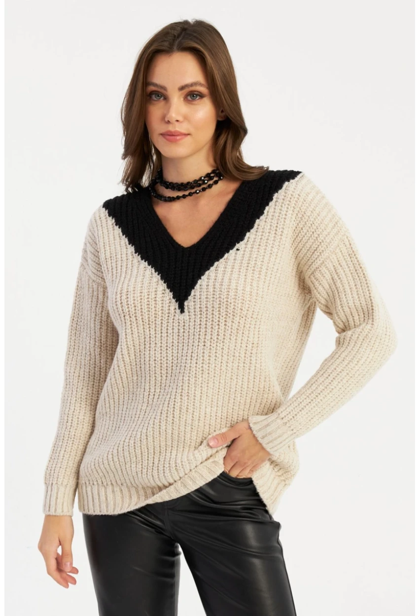 Kadın Ekru-Siyah V Yaka Triko Kazak SMT2434