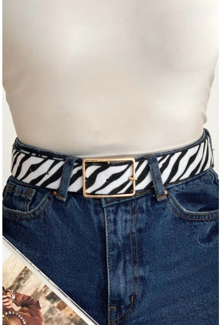 Kadın Ekru-Siyah Zebra Desen Kemer BE610