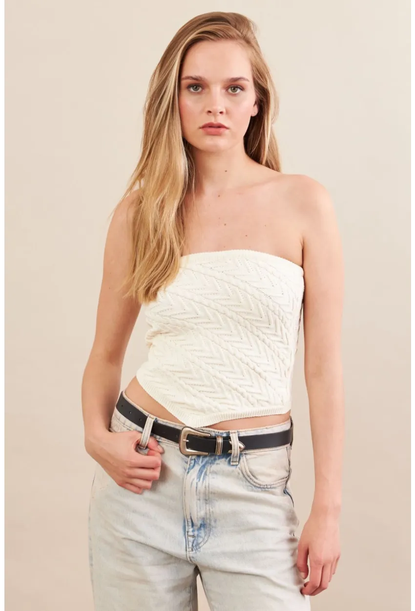 Kadın Ekru Straplez Triko Crop Bluz ZH049