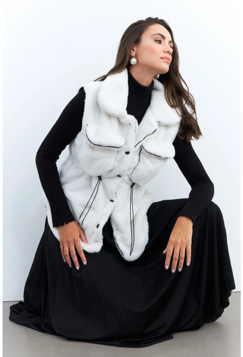 Kadın Ekru Suni Kürk Cepli Yelek MK66