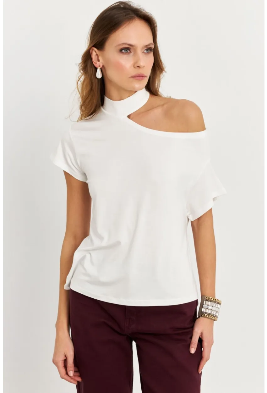 Kadın Ekru Tek Omuz Açık Bluz LPP1300