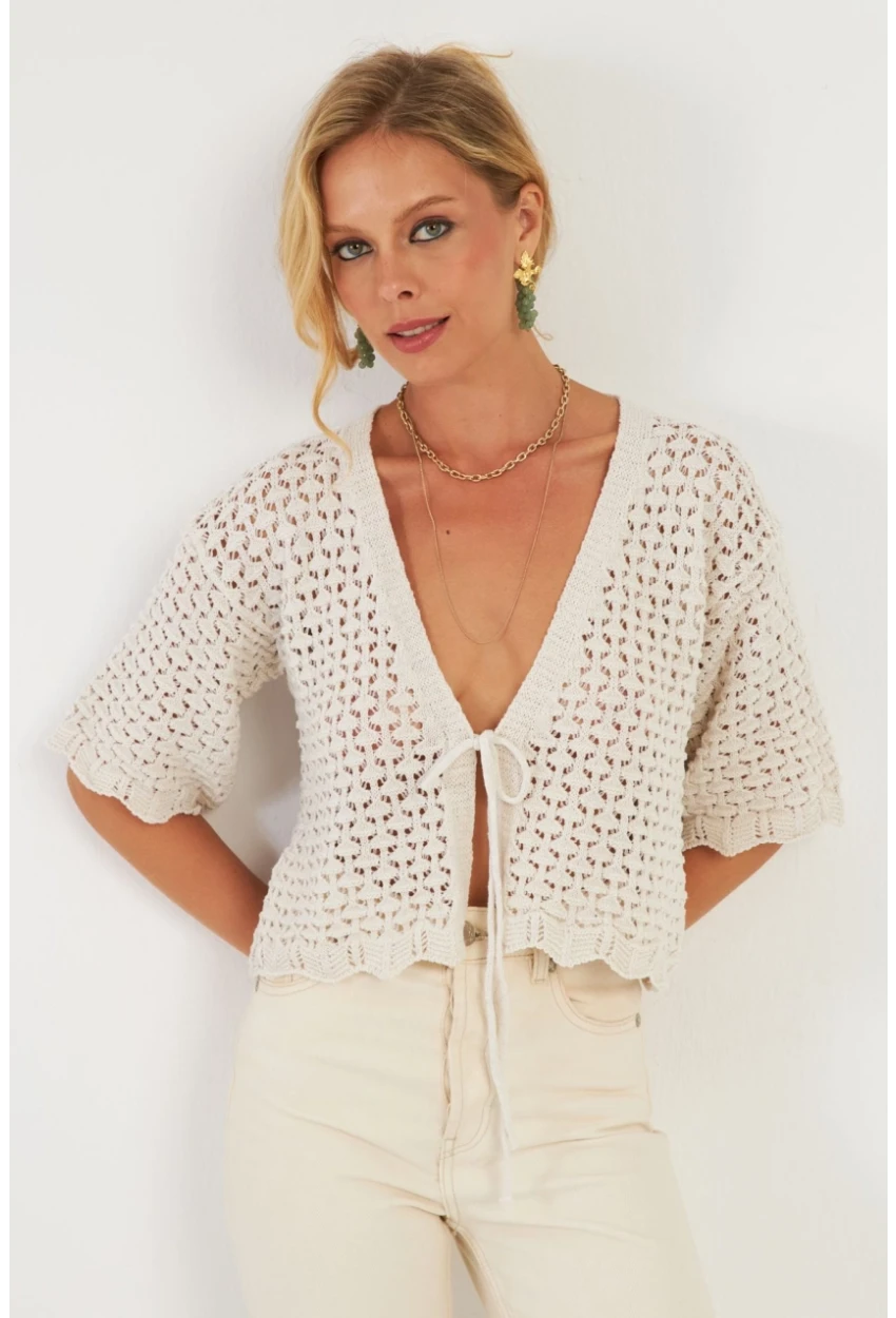 Kadın Ekru Triko Ajurlu Hırka YV255