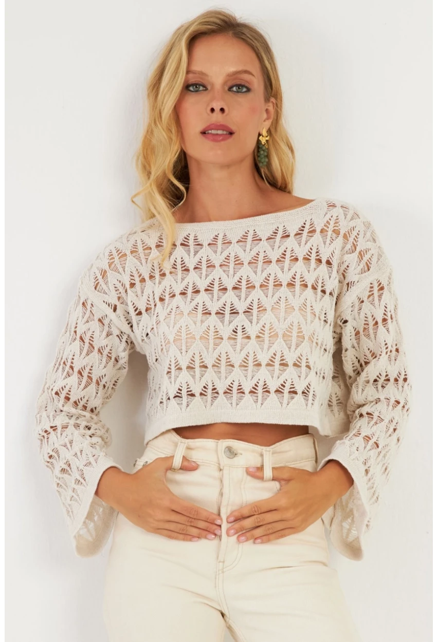Kadın Ekru Triko Bluz YV254