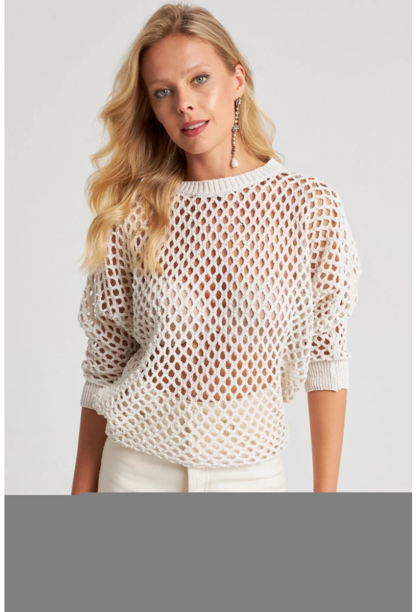 Kadın Ekru Triko File Bluz YV216