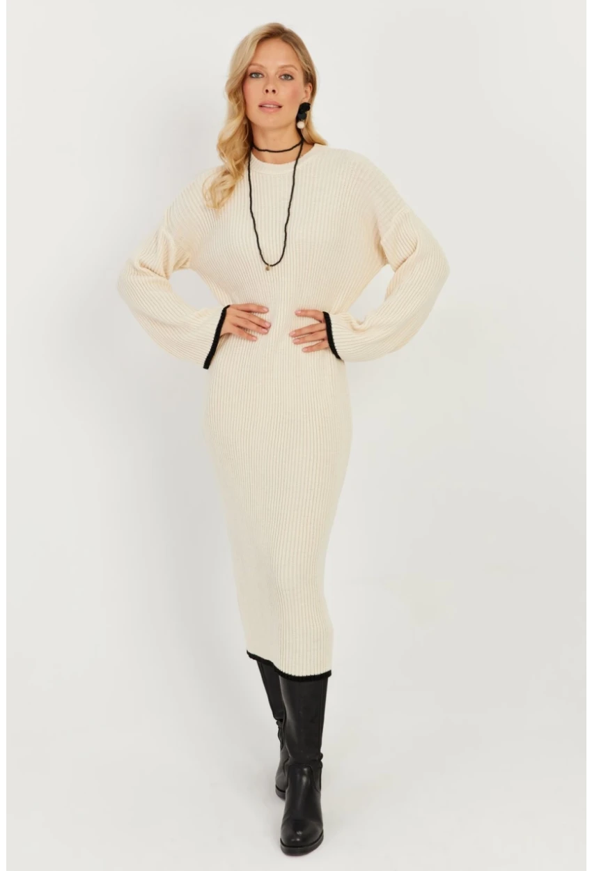 Kadın Ekru Triko Maxi Elbise MSF2538