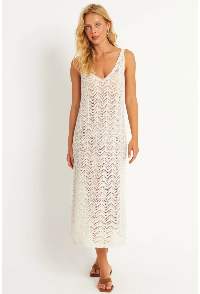 Kadın Ekru Triko Midi Plaj Elbisesi HC1482