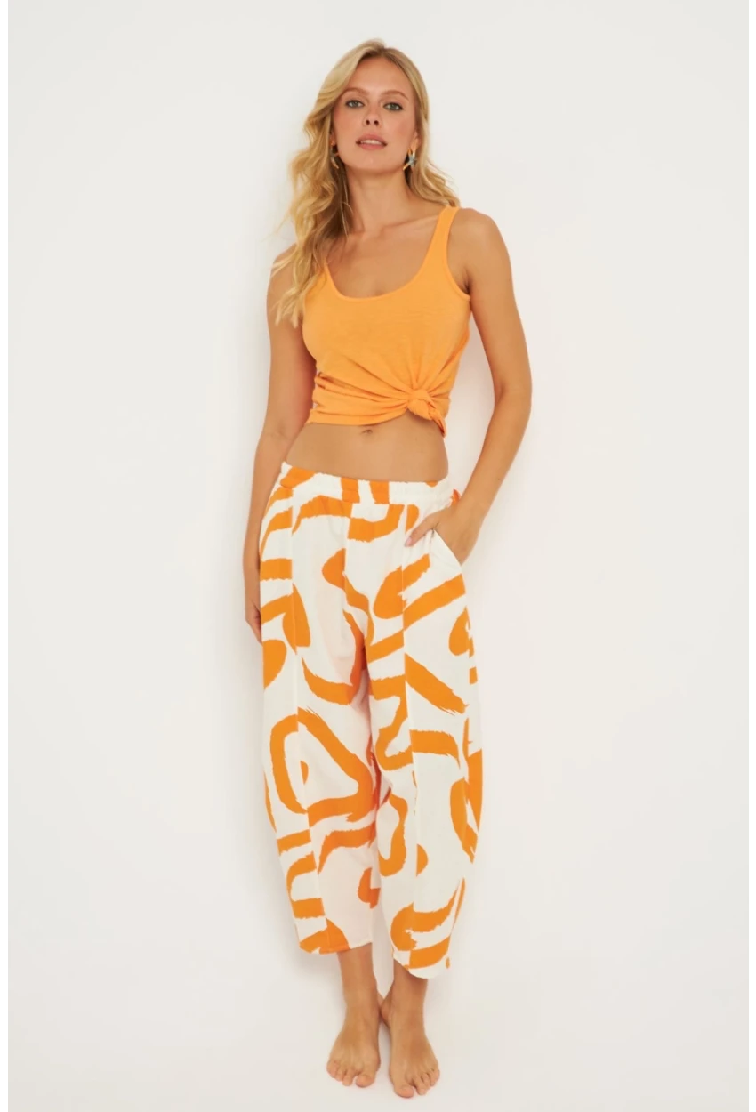 Kadın Ekru-Turuncu Desenli Keten Şalvar Pantolon K1253