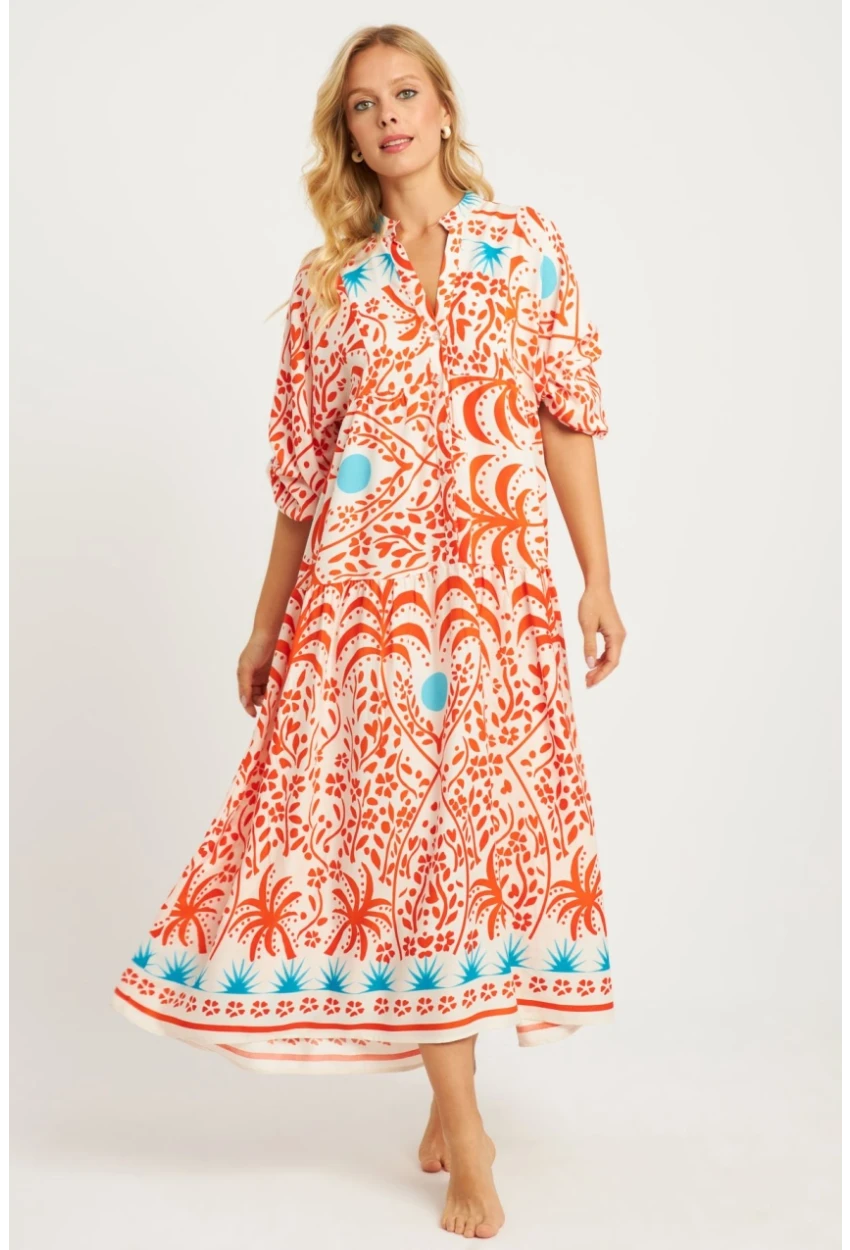 Kadın Ekru-Turuncu Desenli Midi Elbise MGÇ169