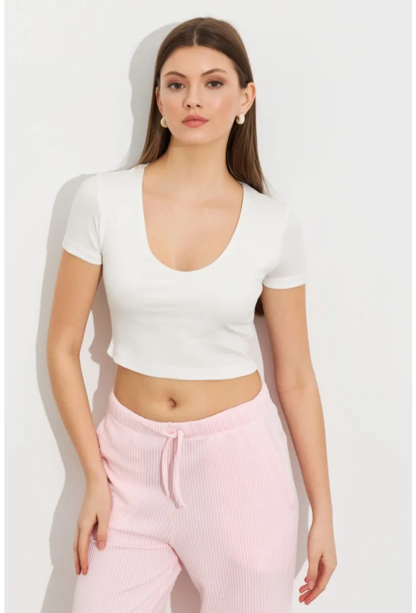 Kadın Ekru V Yaka Crop Bluz TOP101