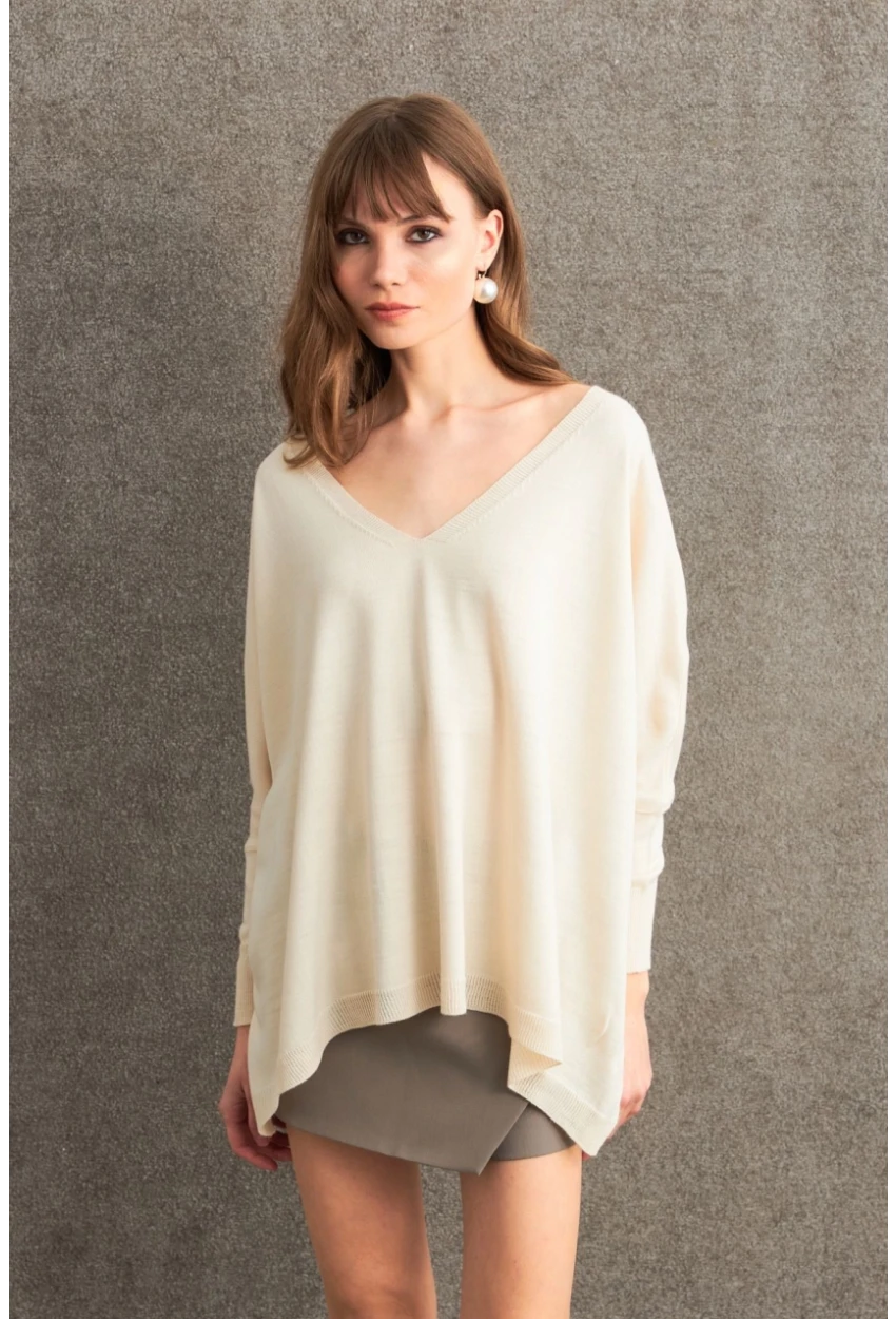 Kadın Ekru V Yaka Salaş Bluz YV304