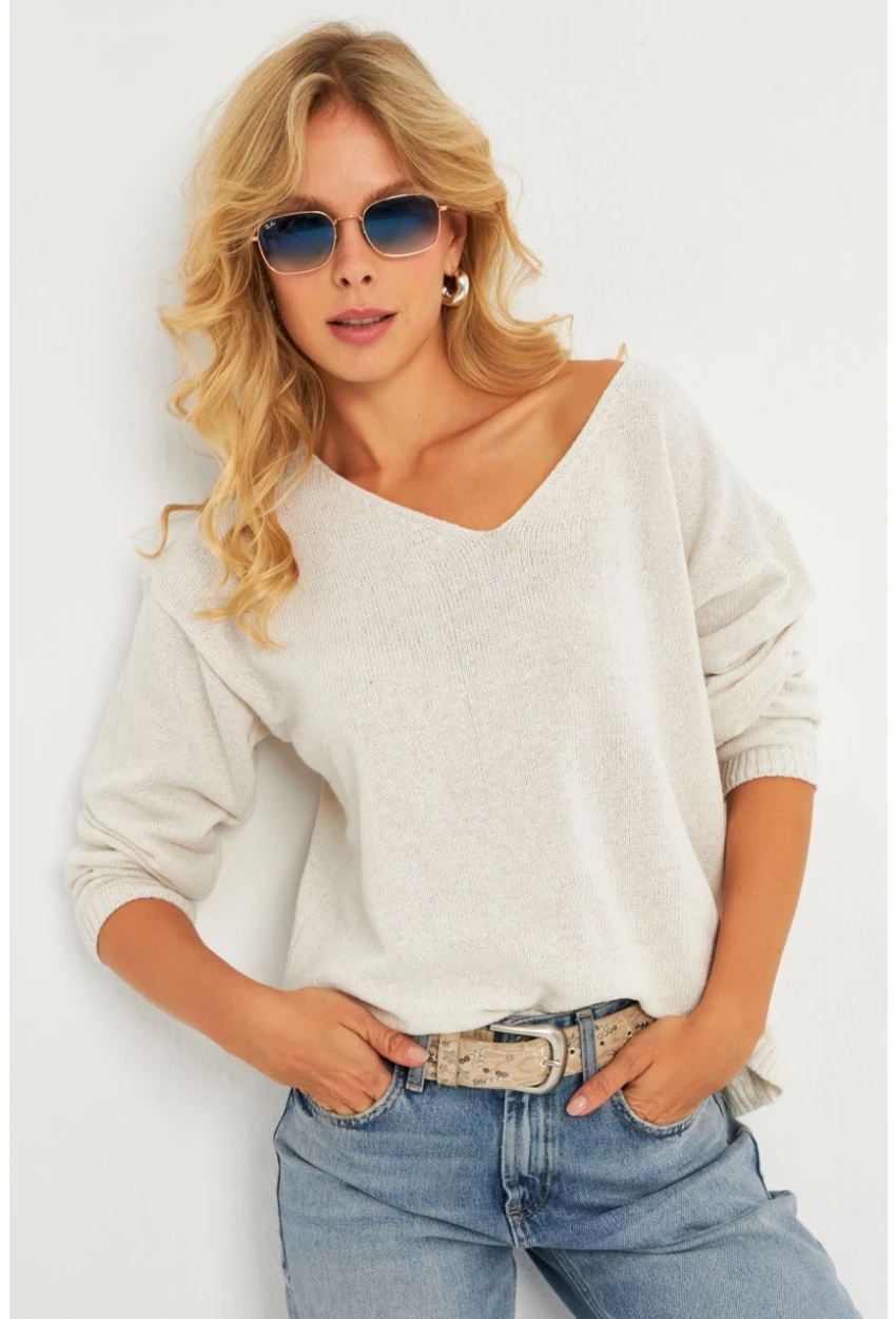 Kadın Ekru V Yaka Triko Bluz YV282