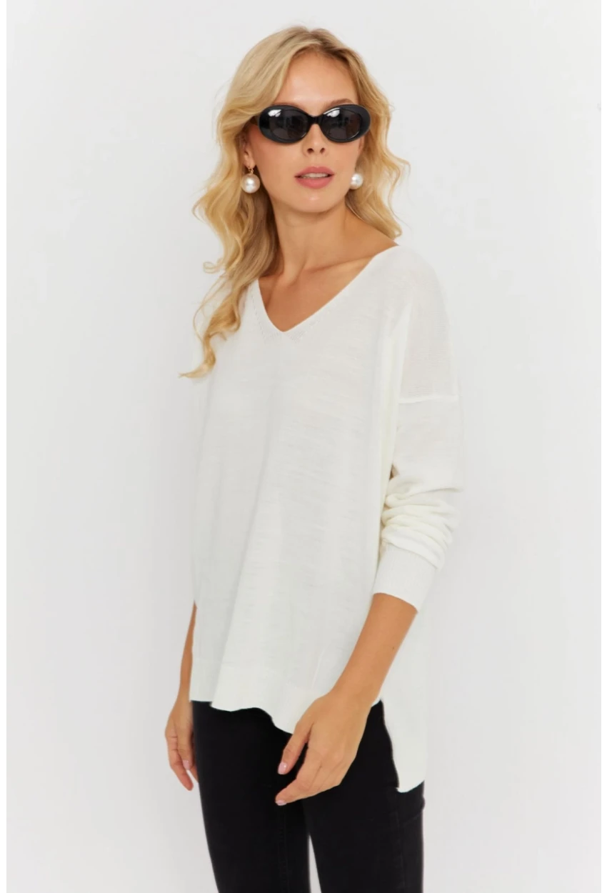 Kadın Ekru V Yaka Triko Kazak YİL549