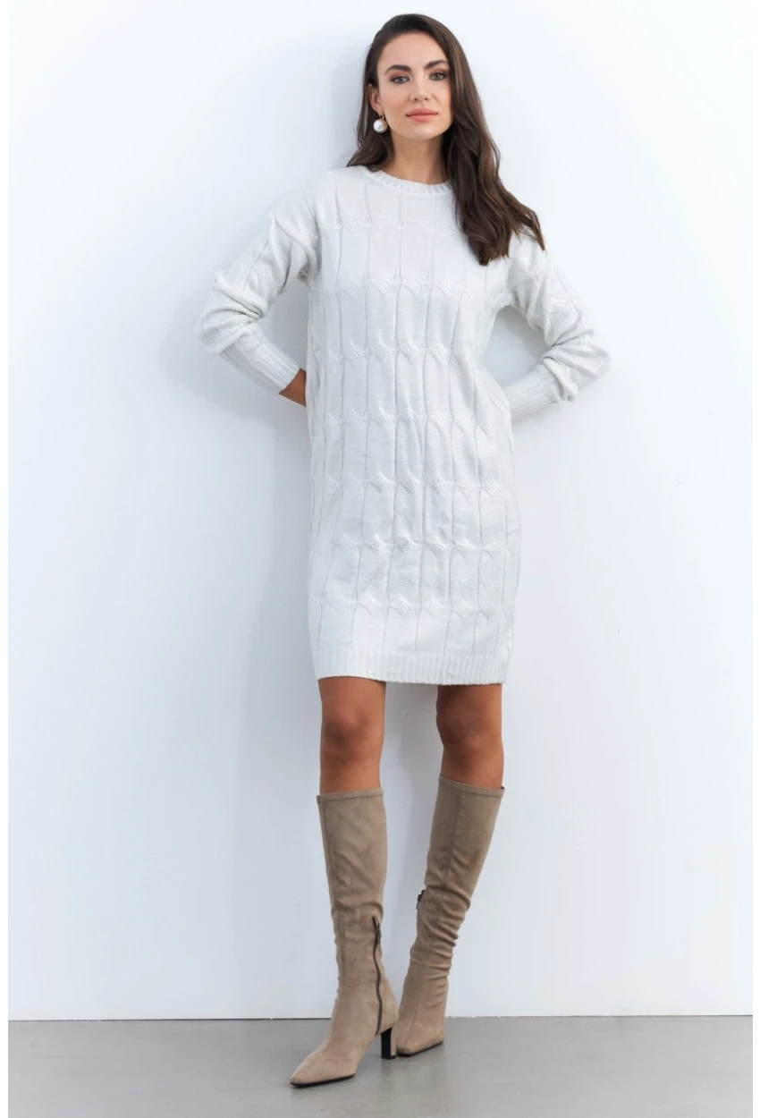 Kadın Ekru Varaklı Triko Midi Elbise NAR446