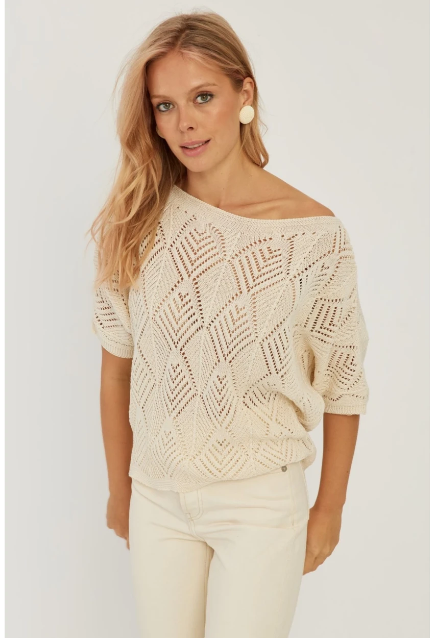 Kadın Ekru Yarasa Kol Ajurlu Triko Bluz YZ621