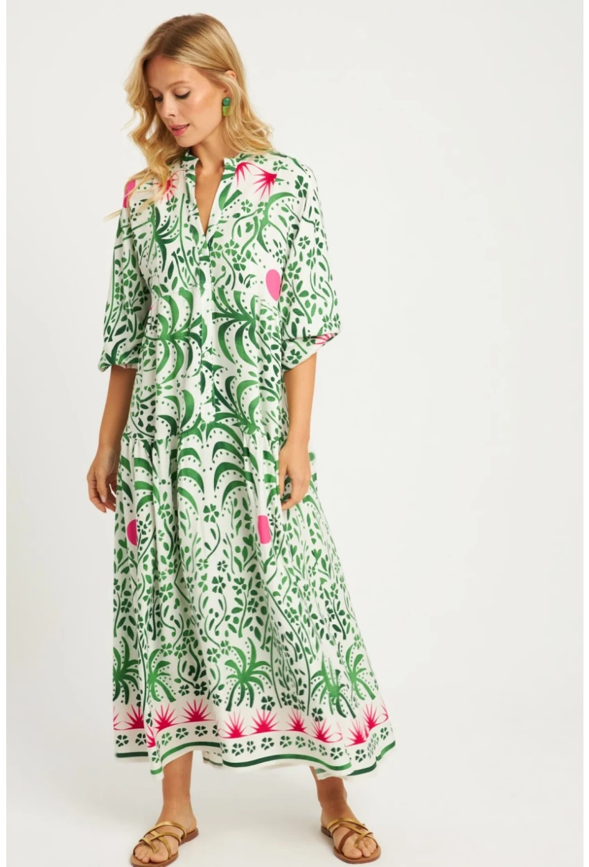 Kadın Ekru-Yeşil Desenli Midi Elbise GÇ169