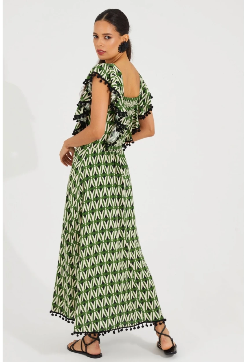 Kadın Ekru-Yeşil Sırtı Gipeli Kare Yaka Elbise BK1650