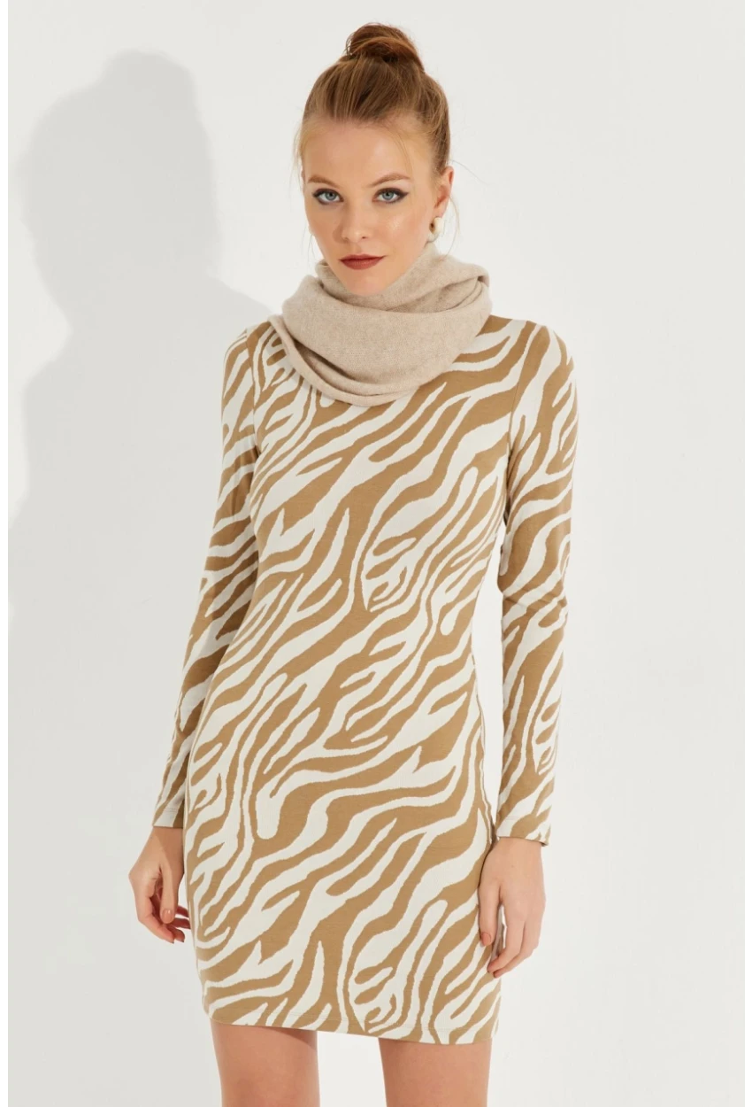 Kadın Ekru Zebra Desenli Mini Elbise AYD249