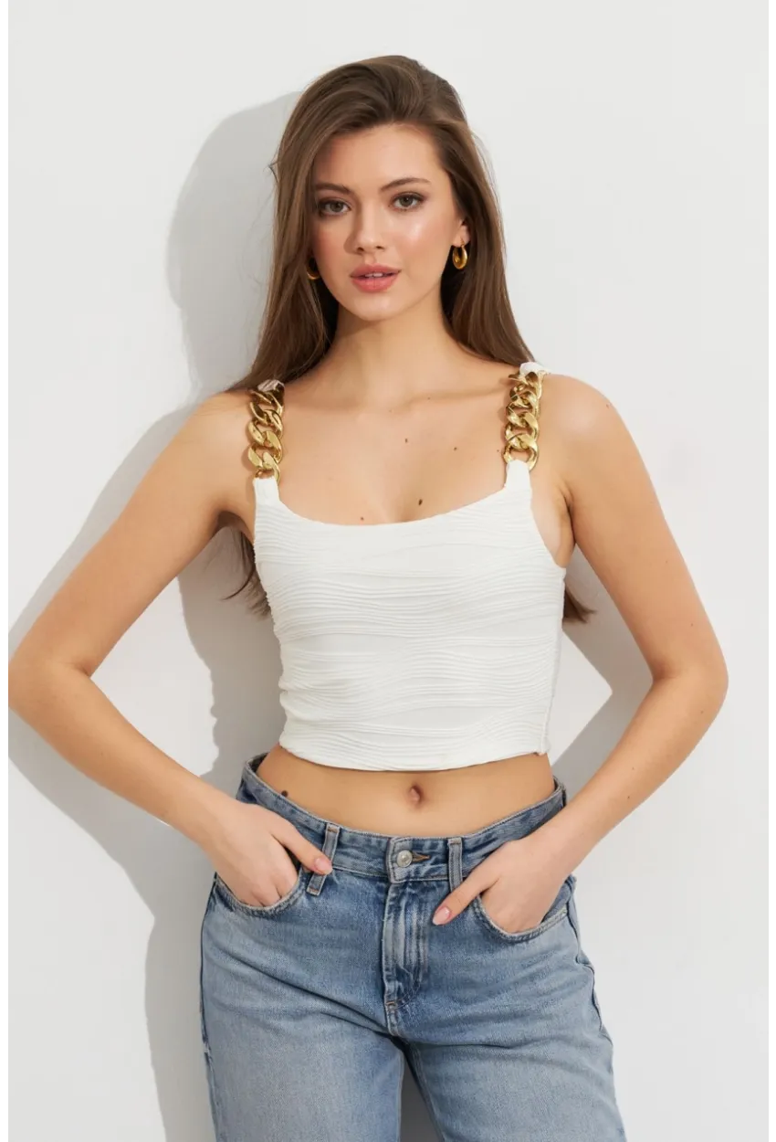 Kadın Ekru Zincir Askılı Astarlı Crop Bluz LİT109