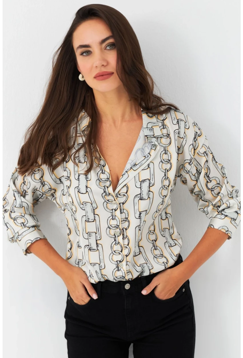 Kadın Ekru Zincir Desenli Saten Gömlek SHR9