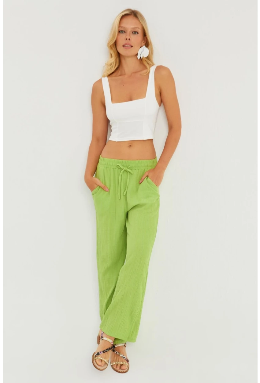 Kadın Fıstık Yeşil Beli Lastikli Bürümcük Pantolon ZER405