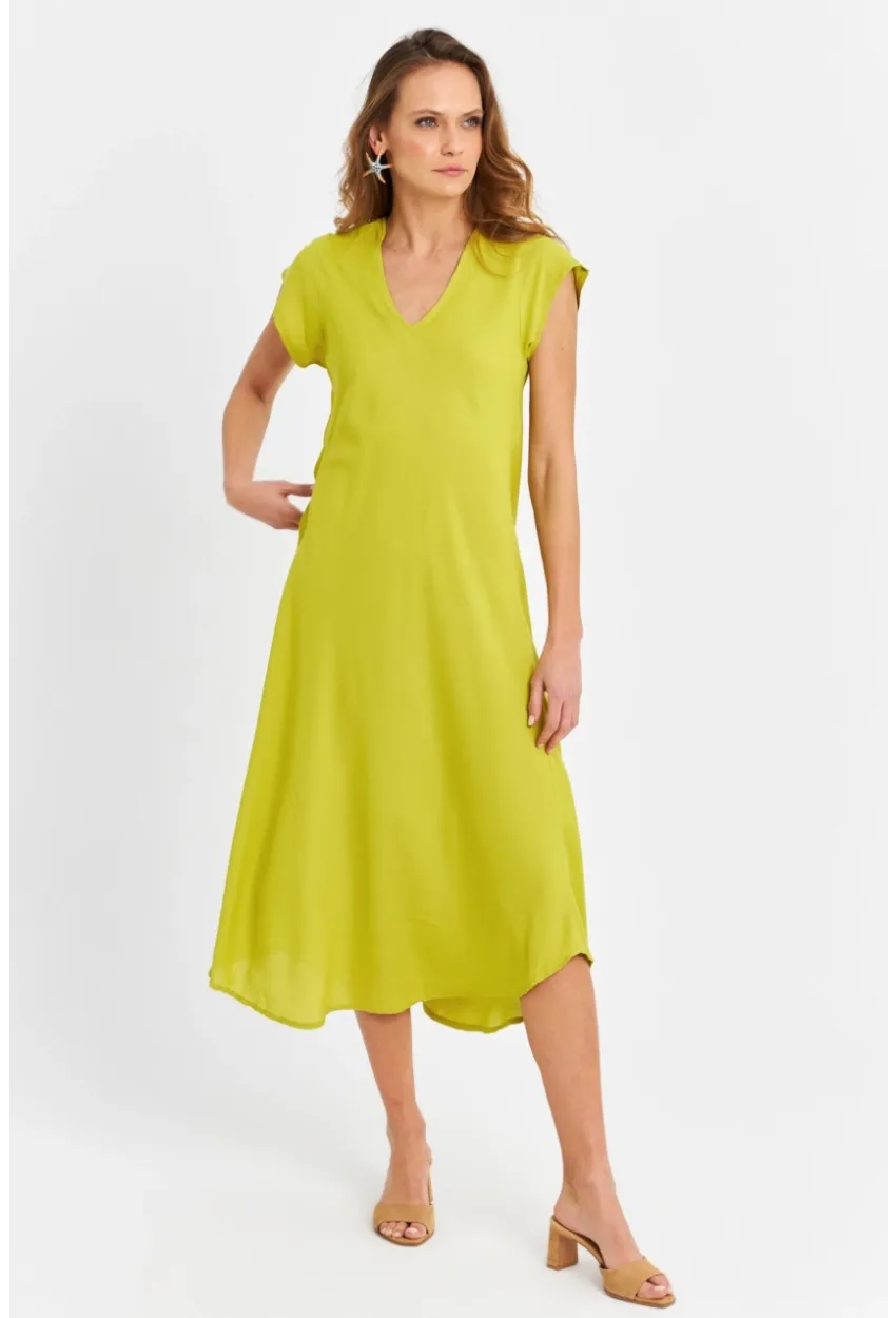 Kadın Fıstık Yeşil V Yaka Midi Elbise PC22649
