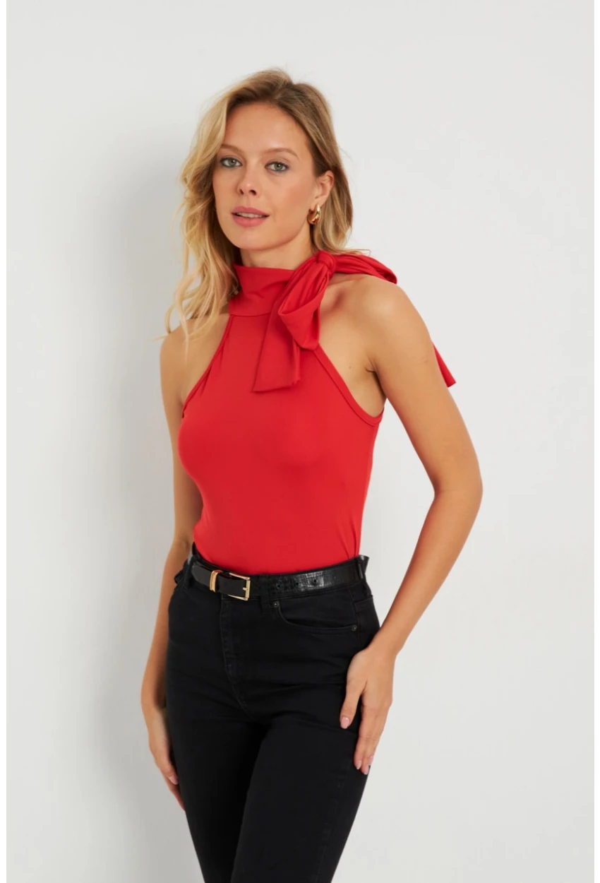 Kadın Fiyonklu Crop Bluz Kırmızı EY2726