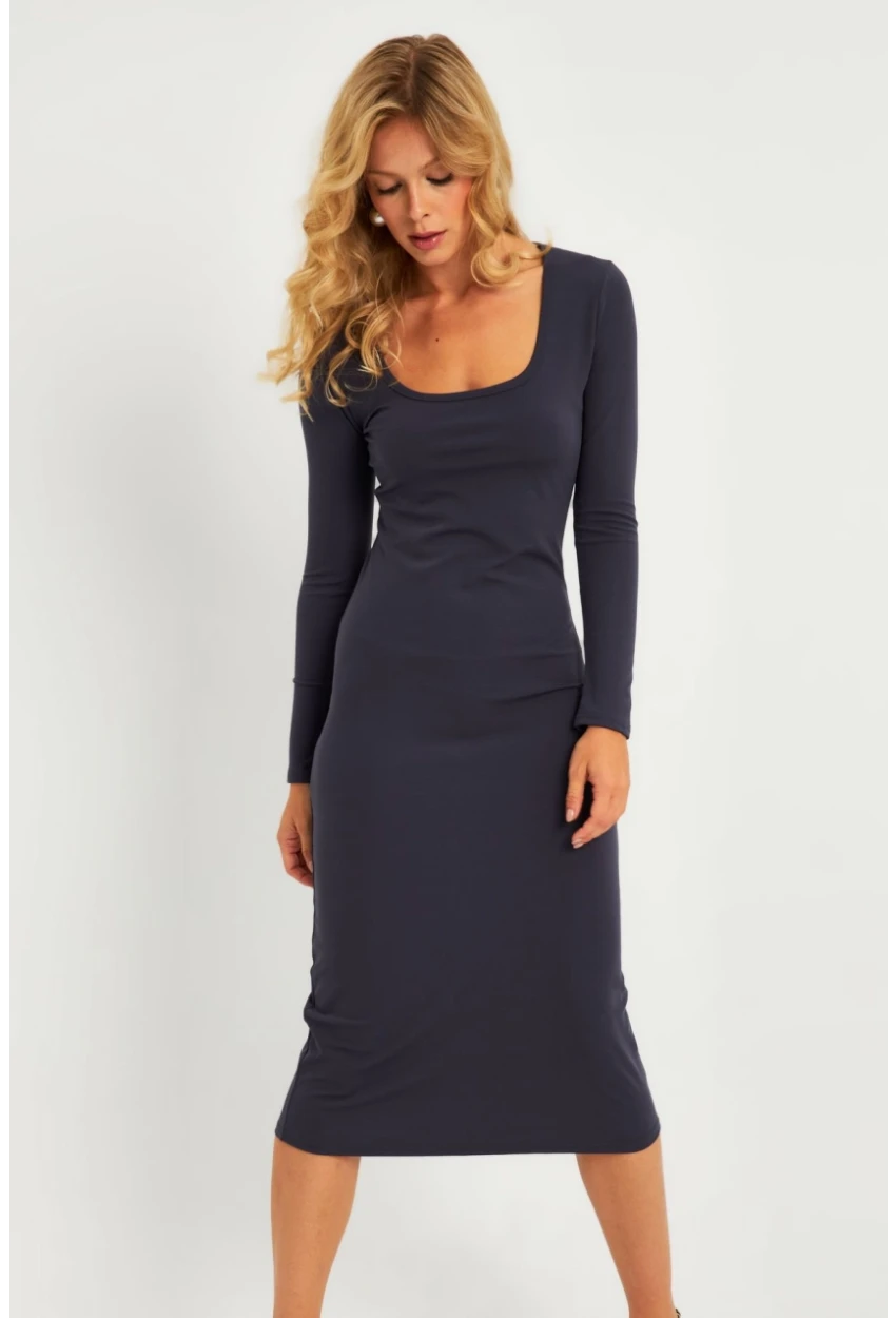 Kadın Füme Kare Yaka Midi Elbise CG382