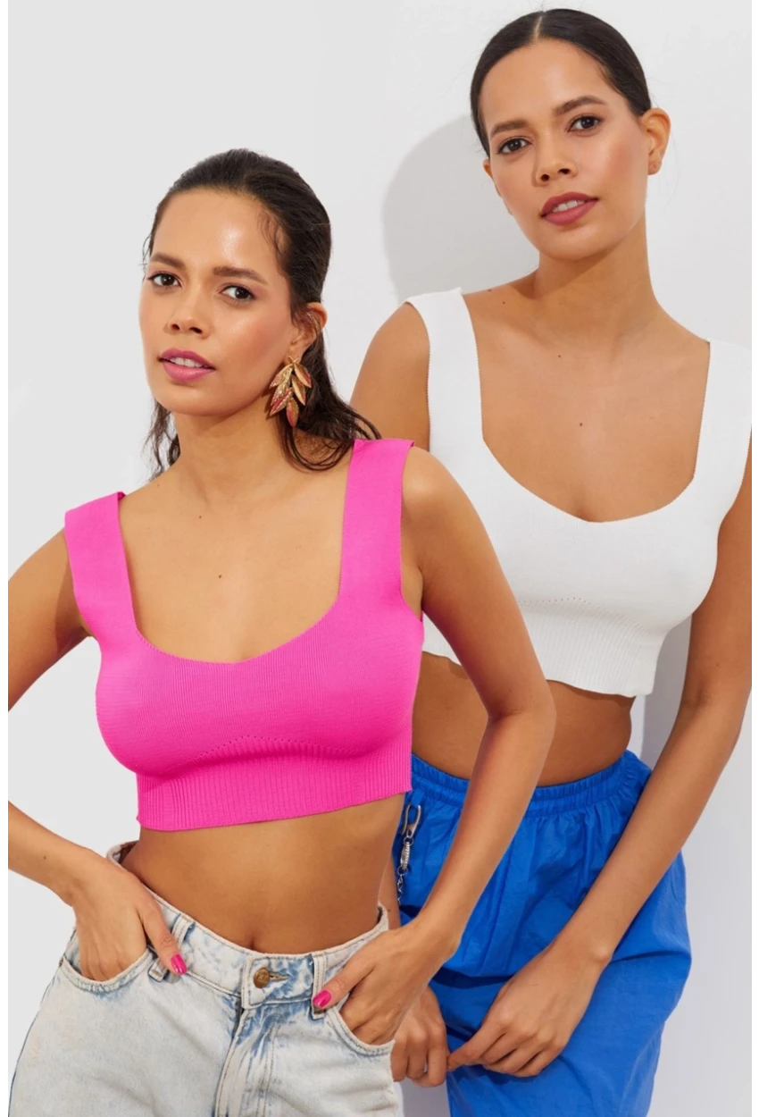 Kadın Fuşya-Beyaz İkili Triko Crop Atlet YV134