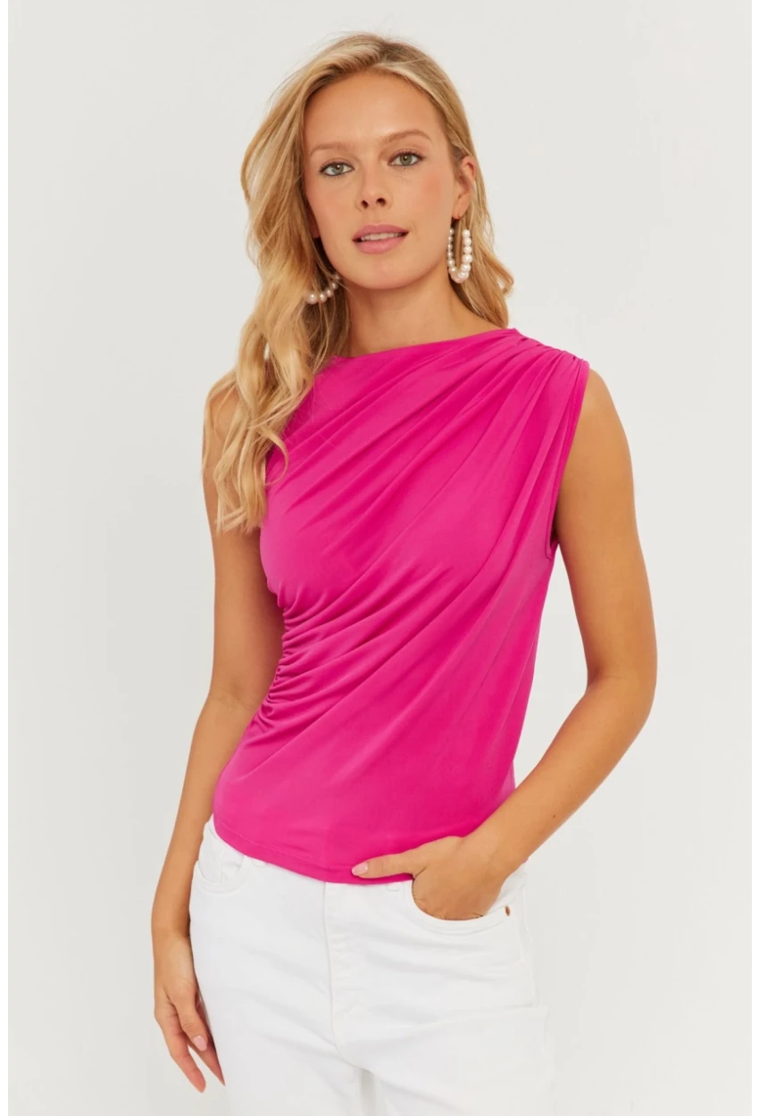 Kadın Fuşya Büzgülü Bluz YZ625