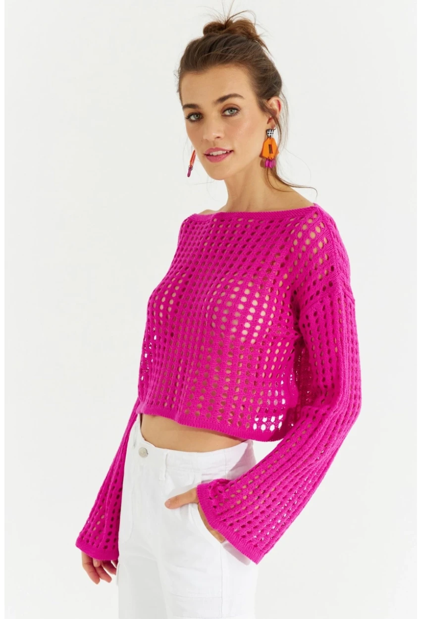Kadın Fuşya İspanyol Kol Ajurlu Triko Kısa Bluz SMT181