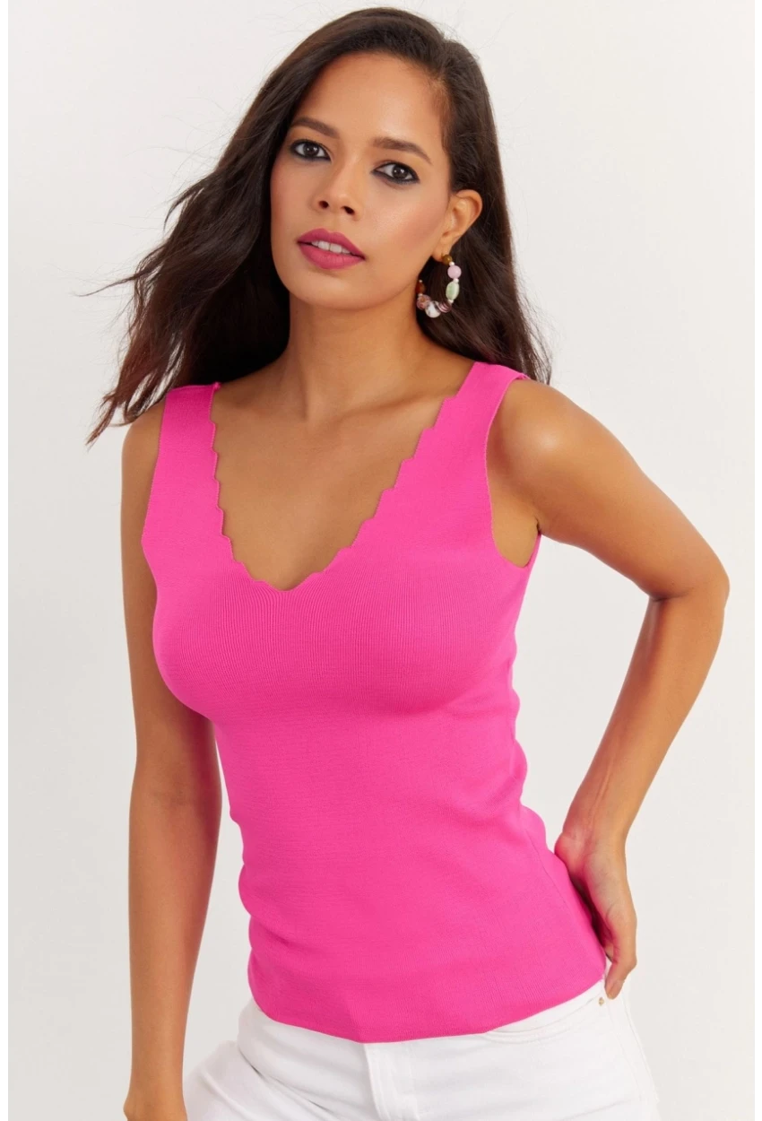 Kadın Fuşya Merdiven Yaka Triko Bluz YV83