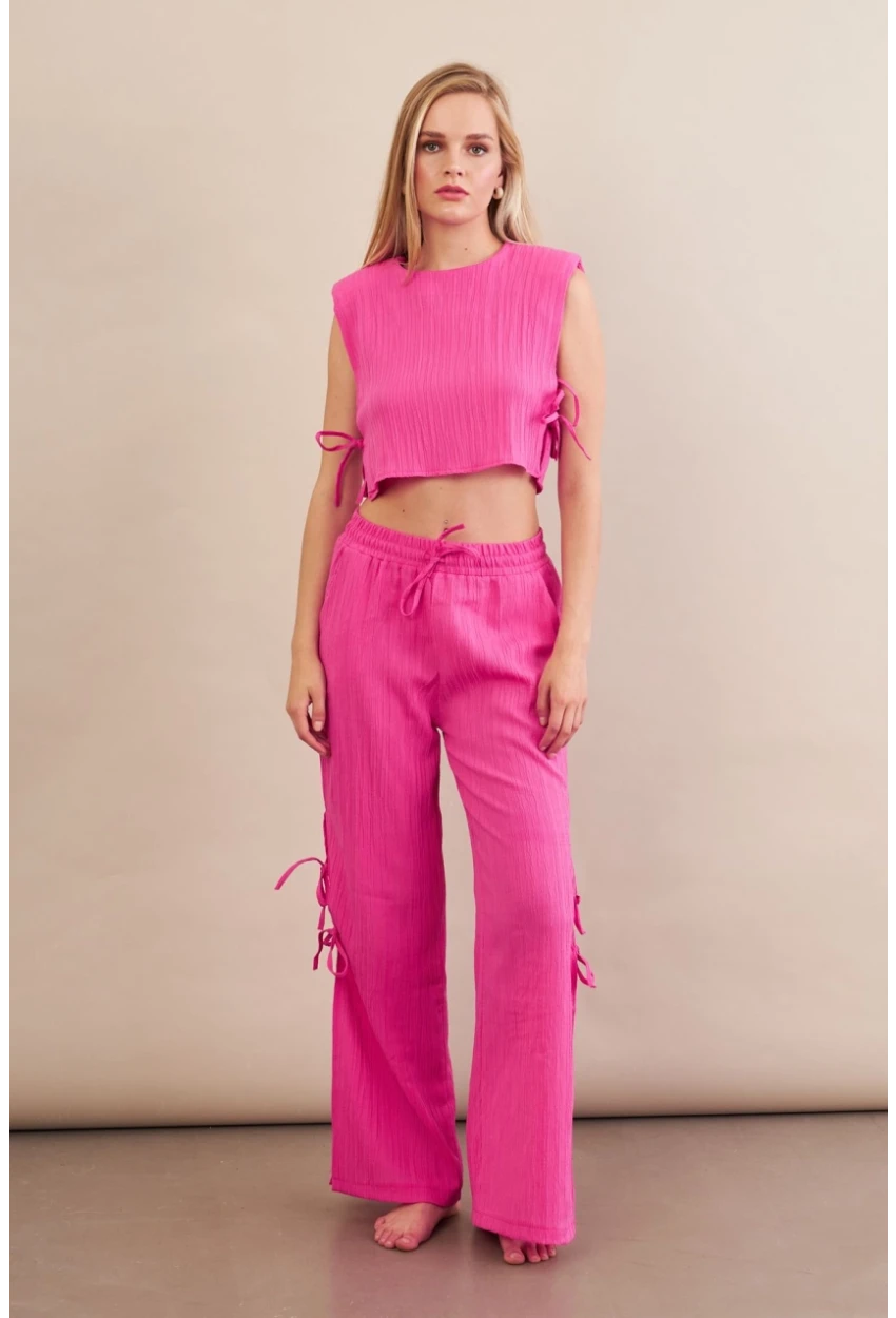 Kadın Fuşya Omuzları Vatkalı Bağlama Detaylı Alt Üst Takım KED002