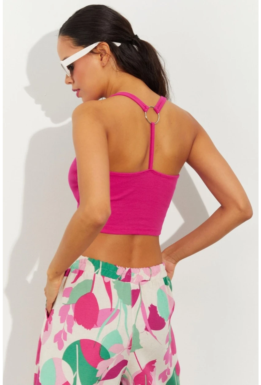 Kadın Fuşya Sırtı Halkalı Kaşkorse Crop Bluz B2552