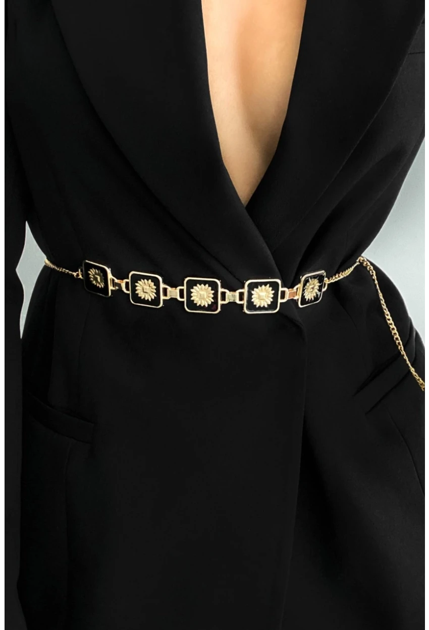 Kadın Gold Rengi Çiçek Desenli Zincir Kemer BE657