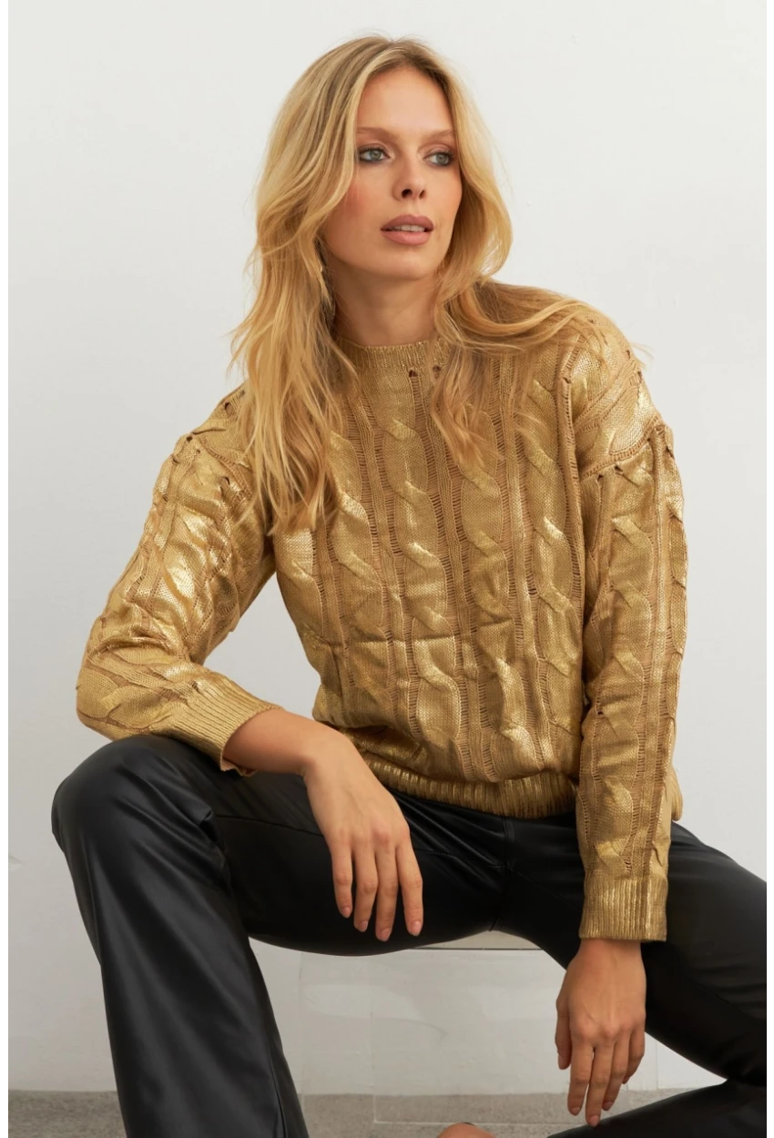 Kadın Gold Rengi Saç Örgülü Vatkalı Triko Bluz RM618
