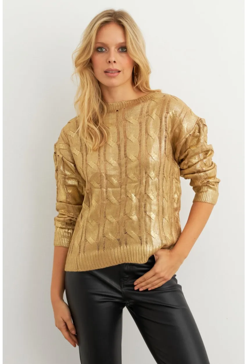 Kadın Gold Rengi Saç Örgülü Vatkalı Triko Bluz RM618