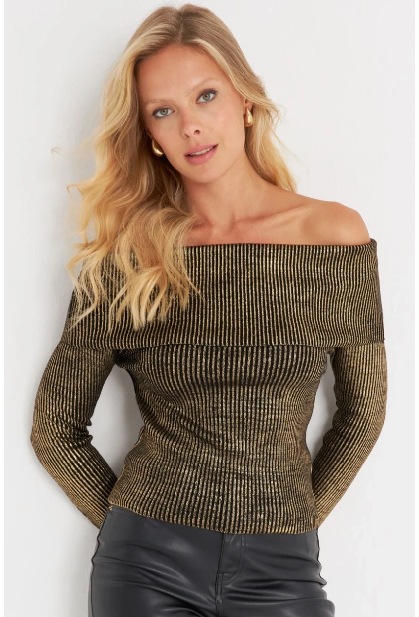 Kadın Gold Rengi Varaklı Madonna Triko Bluz SF2523