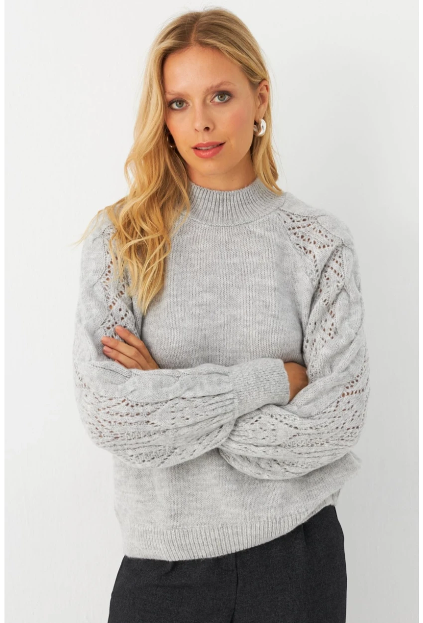 Kadın Gri Ajurlu Triko Kazak MAYD17