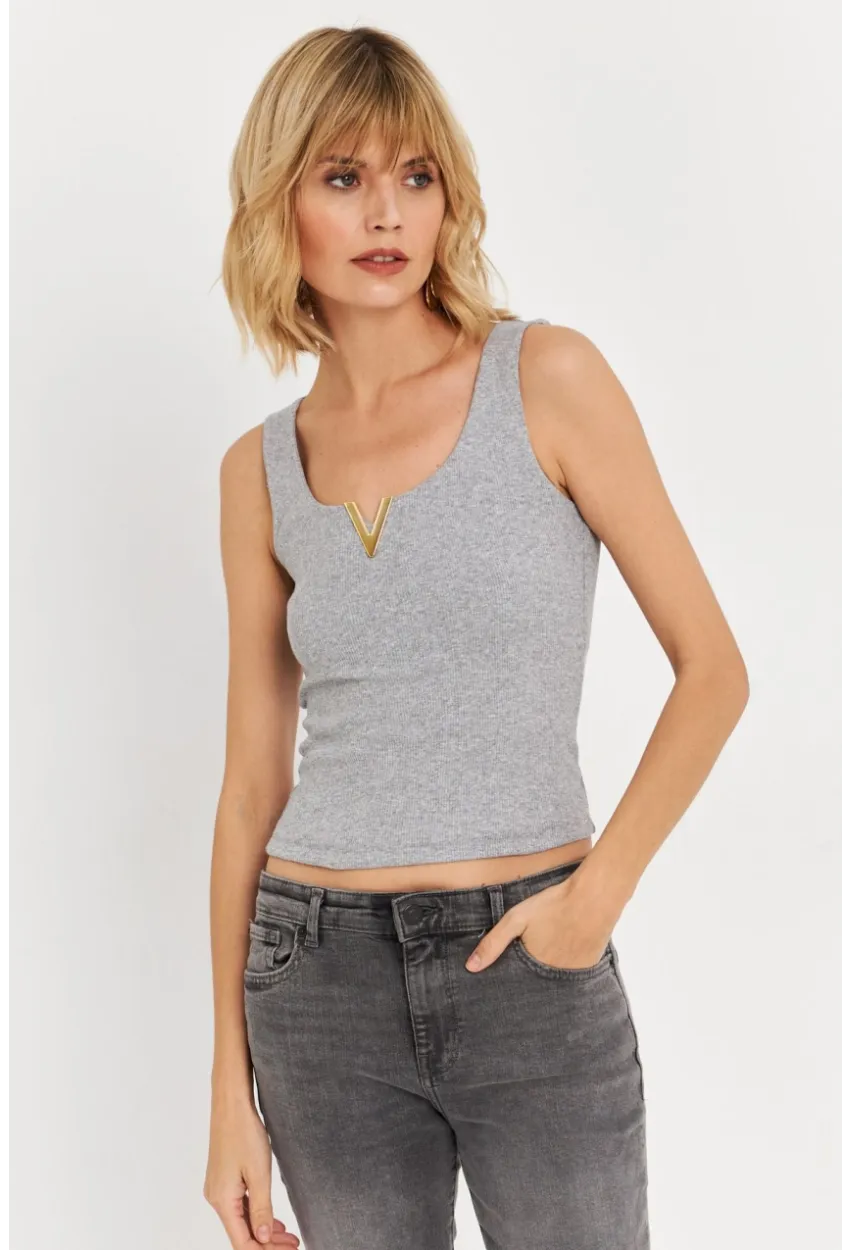 Kadın Gri Aksesuarlı Kaşkorse Bluz RLO116